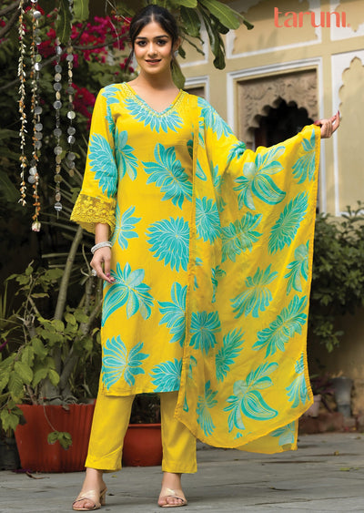 Mustard & Sea Green Modal Straight cut suits