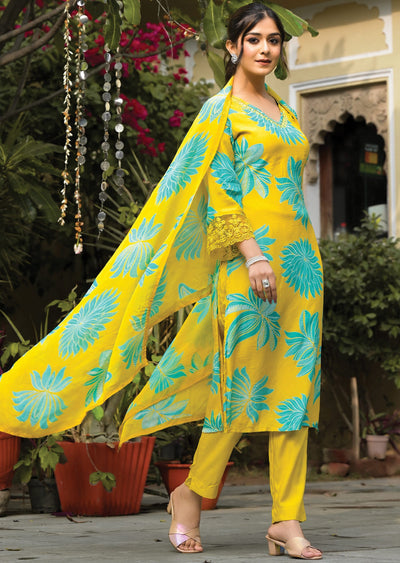 Mustard & Sea Green Modal Straight cut suits