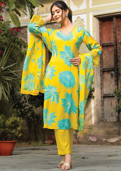 Mustard & Sea Green Modal Straight cut suits