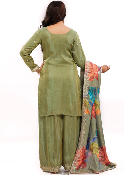 Mehndi Green Tissue Silk Kurti with Zardosi & Stone Work