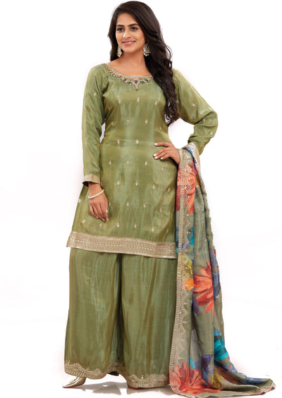 Mehndi Green Tissue Silk Kurti with Zardosi & Stone Work