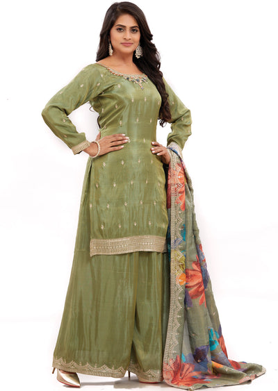 Mehndi Green Tissue Silk Kurti with Zardosi & Stone Work