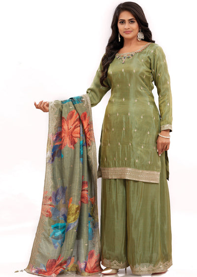Mehndi Green Tissue Silk Kurti with Zardosi & Stone Work
