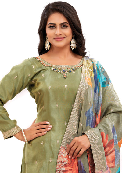 Mehndi Green Tissue Silk Kurti with Zardosi & Stone Work