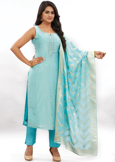 Light Blue Tissue Silk Kurti with Mirror & Sequence Work
