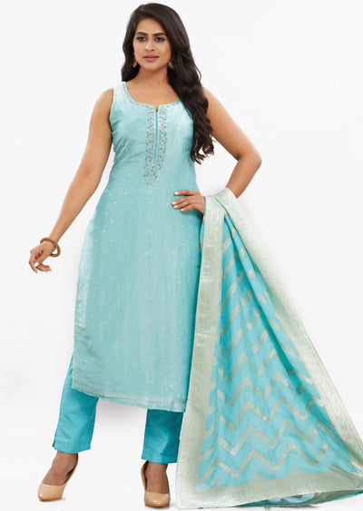 Light Blue Tissue Silk Kurti with Mirror & Sequence Work