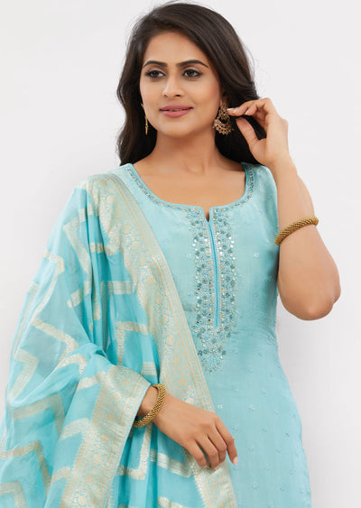 Light Blue Tissue Silk Kurti with Mirror & Sequence Work