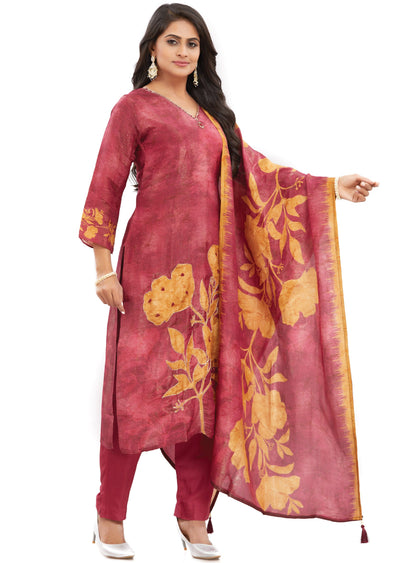 Maroon Tissue Silk Kurti with Zari & Digital Dupatta