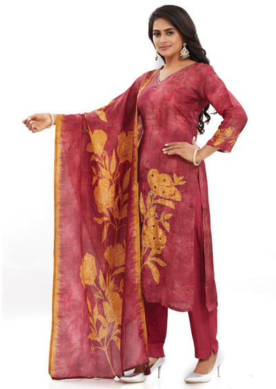 Maroon Tissue Silk Kurti with Zari & Digital Dupatta
