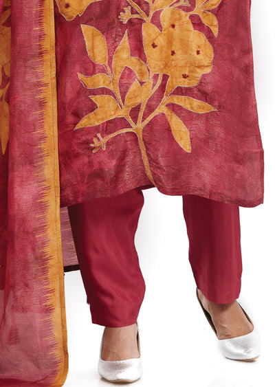 Maroon Tissue Silk Kurti with Zari & Digital Dupatta