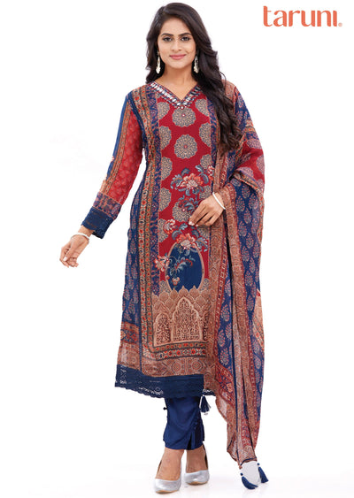 Navy Blue & Maroon Organza Kurti with Matching Dupatta