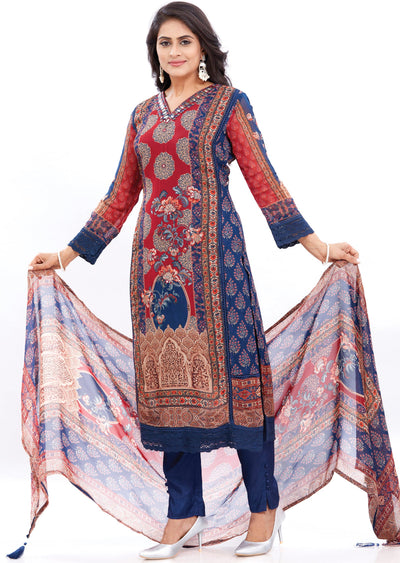 Navy Blue & Maroon Organza Kurti with Matching Dupatta