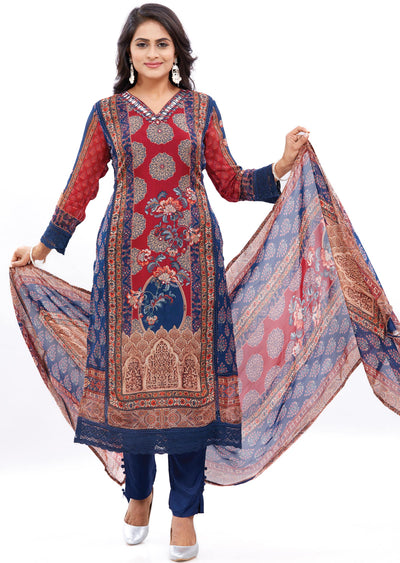 Navy Blue & Maroon Organza Kurti with Matching Dupatta