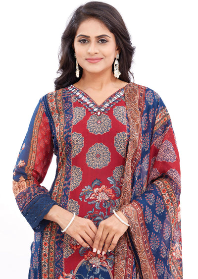 Navy Blue & Maroon Organza Kurti with Matching Dupatta