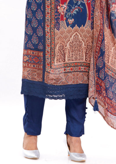 Navy Blue & Maroon Organza Kurti with Matching Dupatta