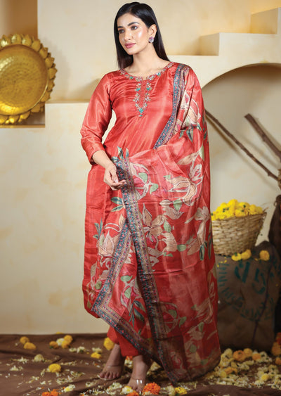 Rust Tissue Silk Straight Cut Suits