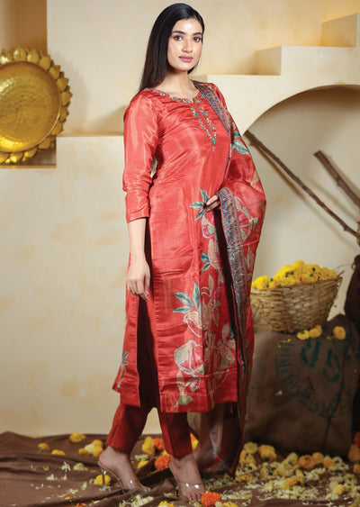 Rust Tissue Silk Straight Cut Suits