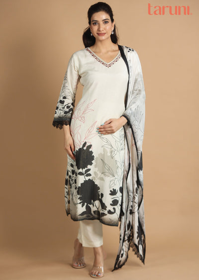 Off White & Black Modal Straight Cut Suits