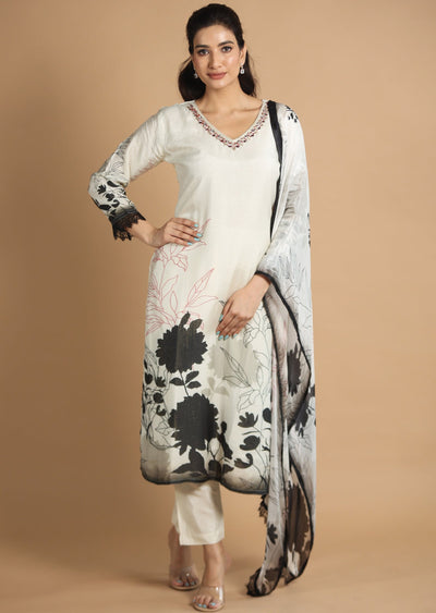 Off White & Black Modal Straight Cut Suits