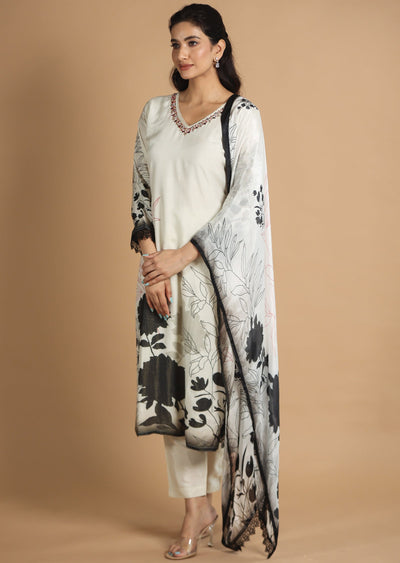 Off White & Black Modal Straight Cut Suits