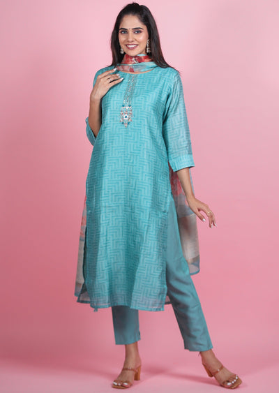 Blue Chanderi Straight Cut Suits