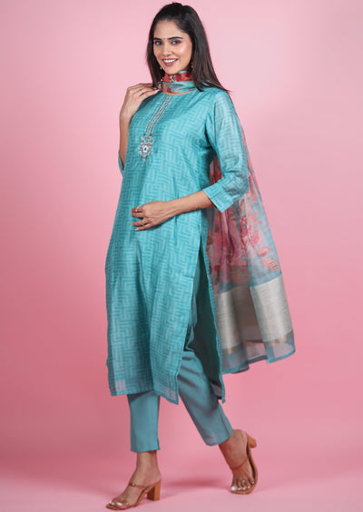 Blue Chanderi Straight Cut Suits