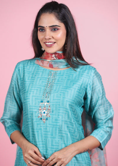 Blue Chanderi Straight Cut Suits
