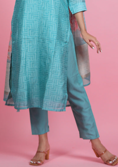 Blue Chanderi Straight Cut Suits