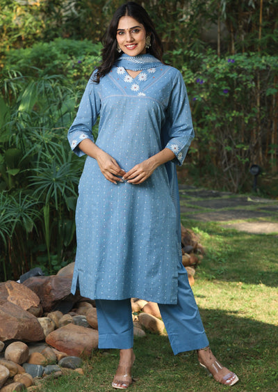 Light Blue Handloom Cotton Straight Cut Suit