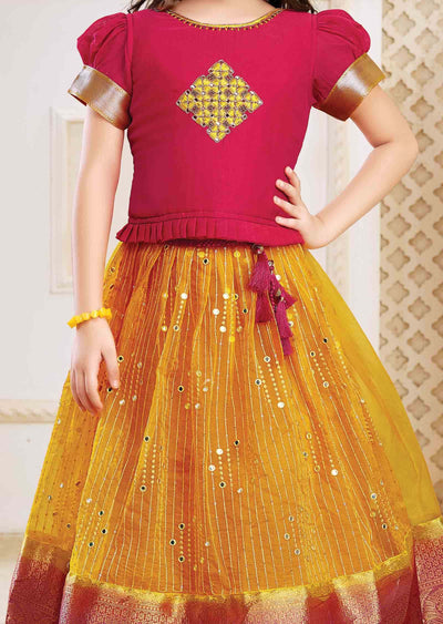 Rani Pink /Yellow Silk/Tissue Zardosi & Embroidered Kidswear