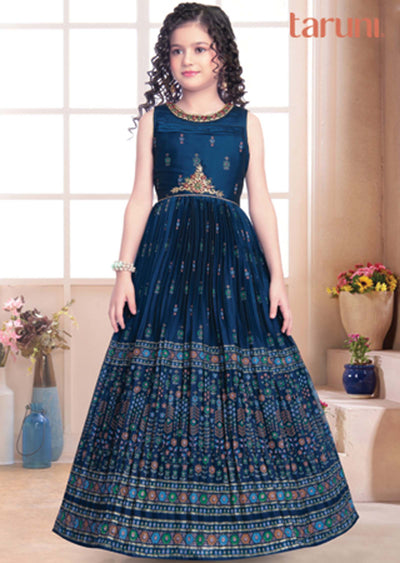 Teal Blue Chiffon Zardosi & Embroidered Kids Gown