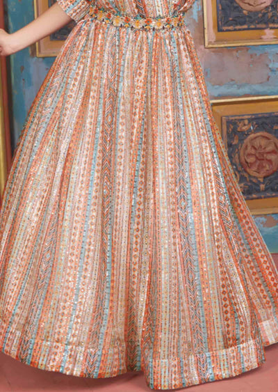 Multi Color Net Embroidered Kids Gown