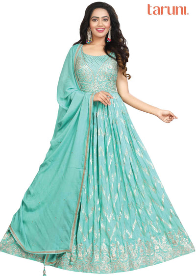 Sea Green Banaras Silk Embroidered Anarkali