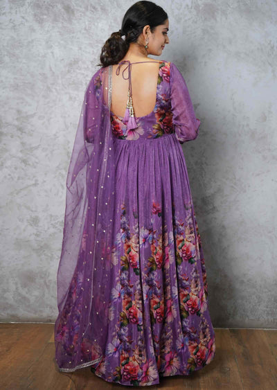 Purple Soft Organza Embroidered Alia cut Anarkali