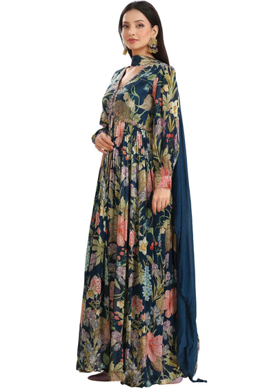 Teal Blue Chinnon Embroidered Alia cut Anarkali