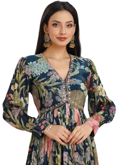 Teal Blue Chinnon Embroidered Alia cut Anarkali