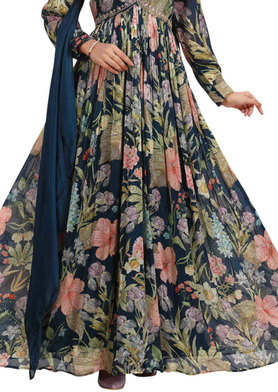 Teal Blue Chinnon Embroidered Alia cut Anarkali