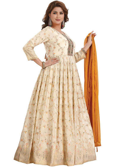 Cream Banaras Tissue Zardosi & Embroidered Anarkali