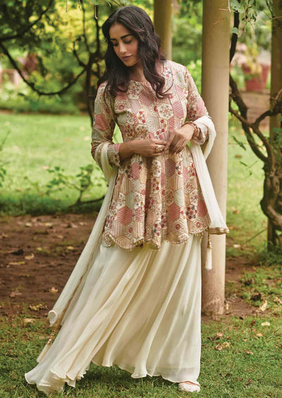 Cream Georgette Embroidered Pallazo Suit