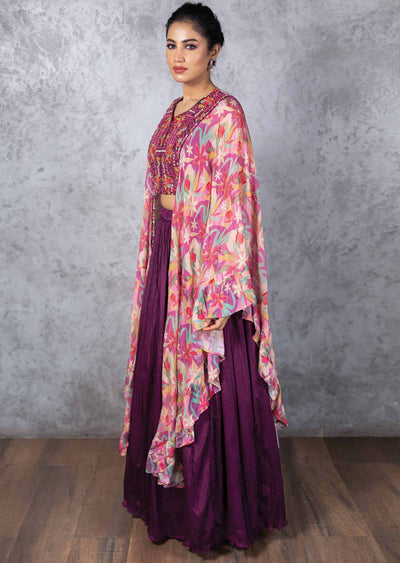 Purple Chinnon Embroidered Fusion/Indo-Western Set