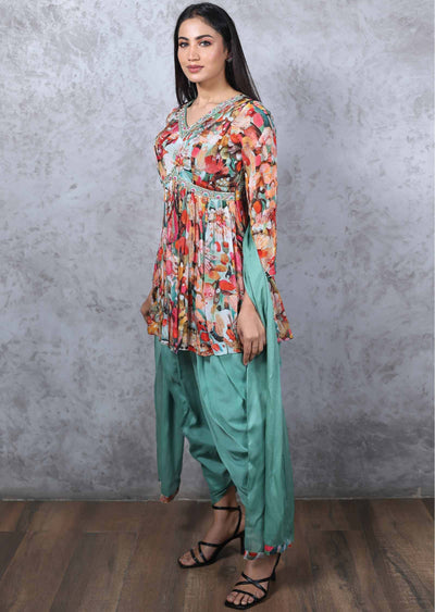 Green Chinnon Zardosi & Embroidered Fusion/Indo-Western Set