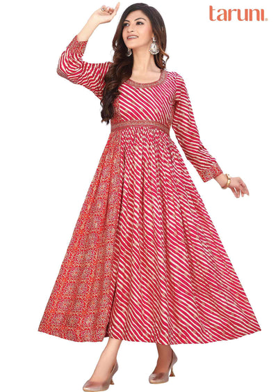 Pink & Red Banaras Printed Gown