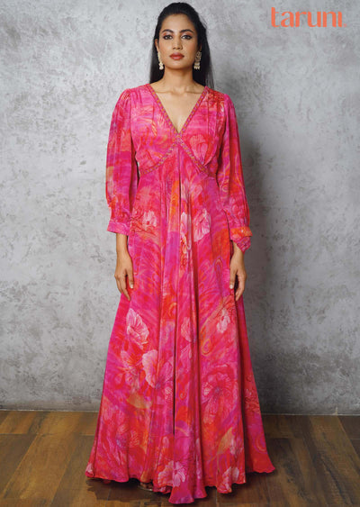 Rani Pink Crepe Printed Alia cut Gown