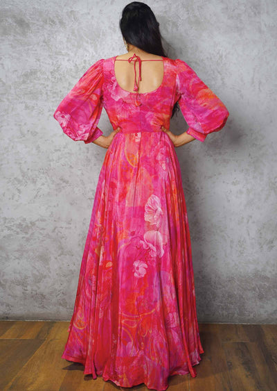 Rani Pink Crepe Printed Alia cut Gown