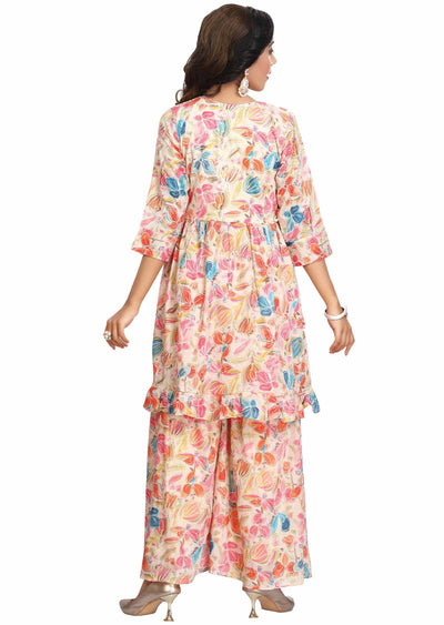 Cream Cotton Printed Shararas/Ghararas