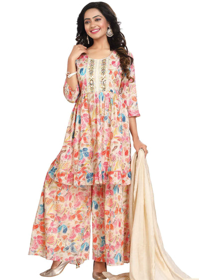 Cream Cotton Printed Shararas/Ghararas