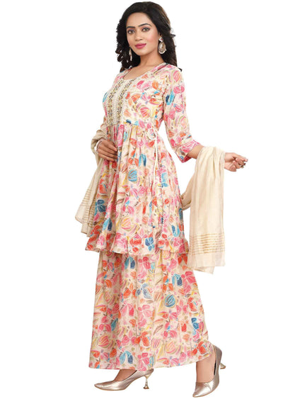 Cream Cotton Printed Shararas/Ghararas