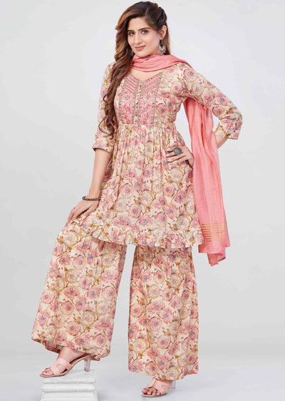 Beige Cotton Floral Printed Shararas/Ghararas