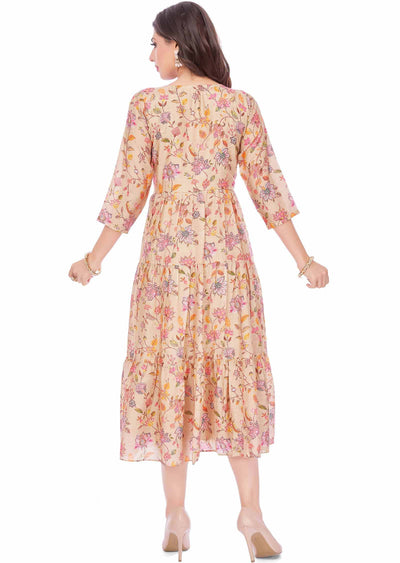 Beige Muslin Printed Frock Style Kurti