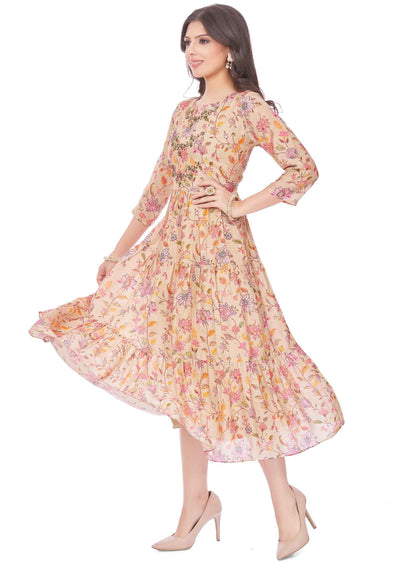 Beige Muslin Printed Frock Style Kurti